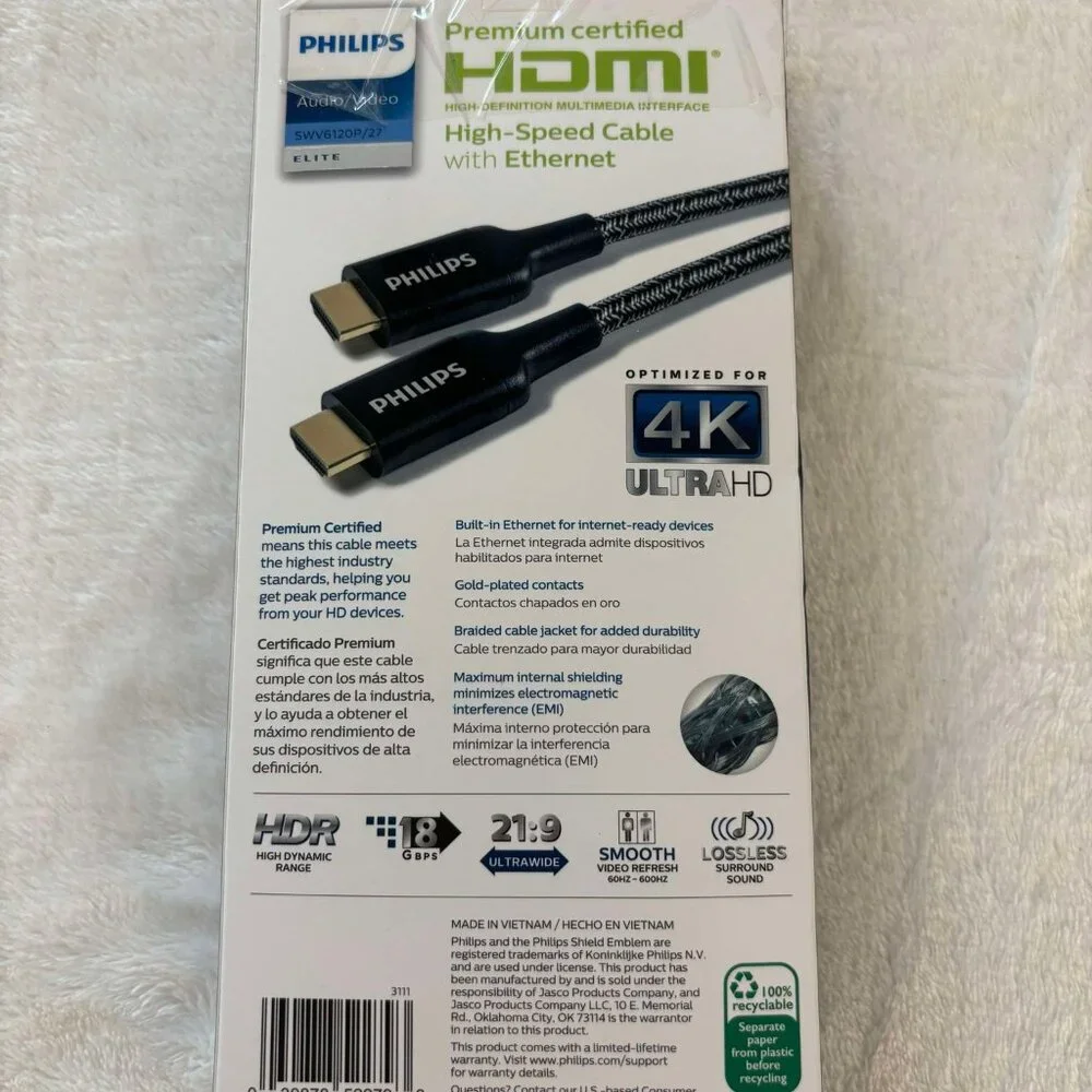 Philips HDMI High-Speed Cable with Ethernet 4K Ultra HD Full Audio/Video HDR 4ft